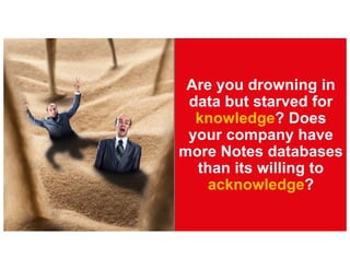 Are you drowning in
data but starved for
knowledge? Does
your company have
more Notes databases
than its willing to
acknowledge?
 