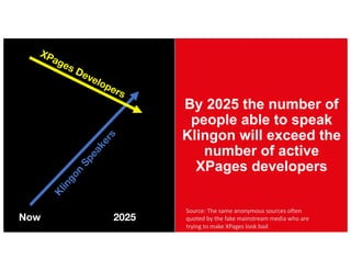 By 2025 the number of
people able to speak
Klingon will exceed the
number of active
XPages developers
Now 2025
Source:	The	same	anonymous	sources	often	
quoted	by	the	fake	mainstream	media	who	are	
trying	to	make	XPages	look	bad
 