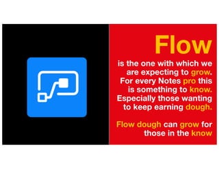 Flowis the one with which we
are expecting to grow.
For every Notes pro this
is something to know.
Especially those wanting
to keep earning dough.
Flow dough can grow for
those in the know
 