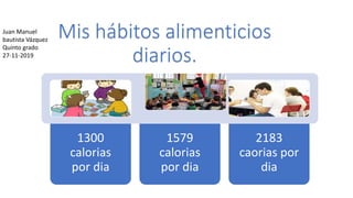 Mis hábitos alimenticios
diarios.
1300
calorias
por dia
1579
calorias
por dia
2183
caorias por
dia
Juan Manuel
bautista Vázquez
Quinto grado
27-11-2019
 