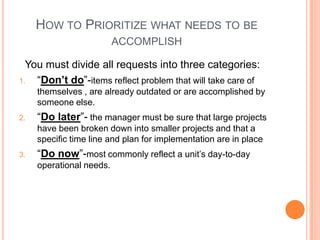 HOW TO PRIORITIZE WHAT NEEDS TO BE
ACCOMPLISH
You must divide all requests into three categories:
1. “Don’t do”-items reflect problem that will take care of
themselves , are already outdated or are accomplished by
someone else.
2. “Do later”- the manager must be sure that large projects
have been broken down into smaller projects and that a
specific time line and plan for implementation are in place
3. “Do now”-most commonly reflect a unit‟s day-to-day
operational needs.
 