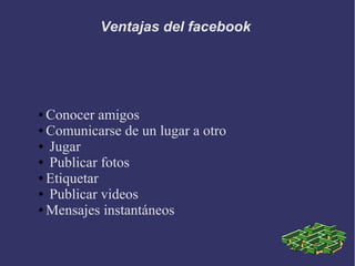 Ventajas del facebook




● Conocer amigos
● Comunicarse de un lugar a otro

● Jugar

● Publicar fotos

● Etiquetar

● Publicar videos

● Mensajes instantáneos
 