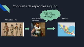 Conquista de españoles a Quito.
Milicia Española
Don Pedro de
Alvarado
No pelearía
contra nosotros
si fueras yo...
México
 