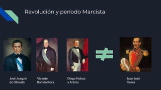 Revolución y período Marcista
José Joaquín
de Olmedo
Vicente
Ramón Roca
Diego Noboa
y Arteta
Juan José
Flores
 