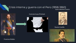 Crisis interna y guerra con el Perú (1858-1860)
Francisco Robles
Contrato Icaza-Pritchett
Juan Celestino Cavero
Ramón Castilla
 