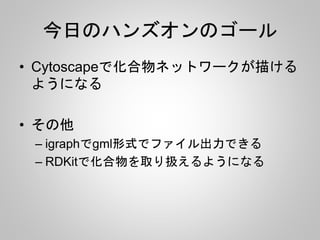 今日のハンズオンのゴール 
• Cytoscapeで化合物ネットワークが描ける 
ようになる 
• その他 
– igraphでgml形式でファイル出力できる 
– RDKitで化合物を取り扱えるようになる 
 
