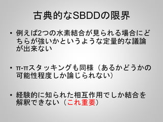 古典的なSBDDの限界
• 例えば2つの水素結合が見られる場合にど
ちらが強いかというような定量的な議論
が出来ない
• π-πスタッキングも同様（あるかどうかの
可能性程度しか論じられない）
• 経験的に知られた相互作用でしか結合を
解釈できない（これ重要）
 