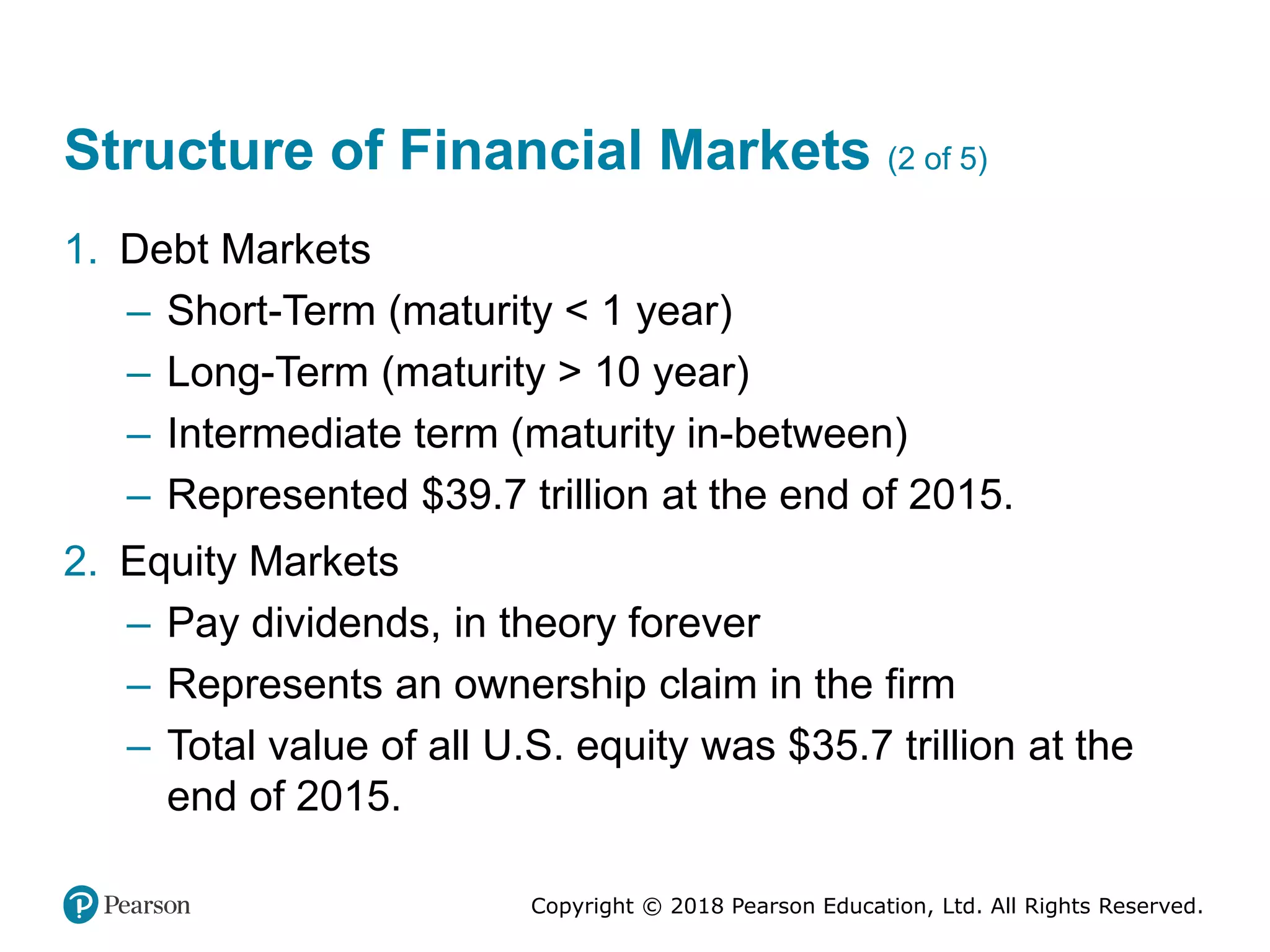 Copyright © 2018 Pearson Education, Ltd. All Rights Reserved.
Structure of Financial Markets (2 of 5)
1. Debt Markets
– Short-Term (maturity < 1 year)
– Long-Term (maturity > 10 year)
– Intermediate term (maturity in-between)
– Represented $39.7 trillion at the end of 2015.
2. Equity Markets
– Pay dividends, in theory forever
– Represents an ownership claim in the firm
– Total value of all U.S. equity was $35.7 trillion at the
end of 2015.
 
