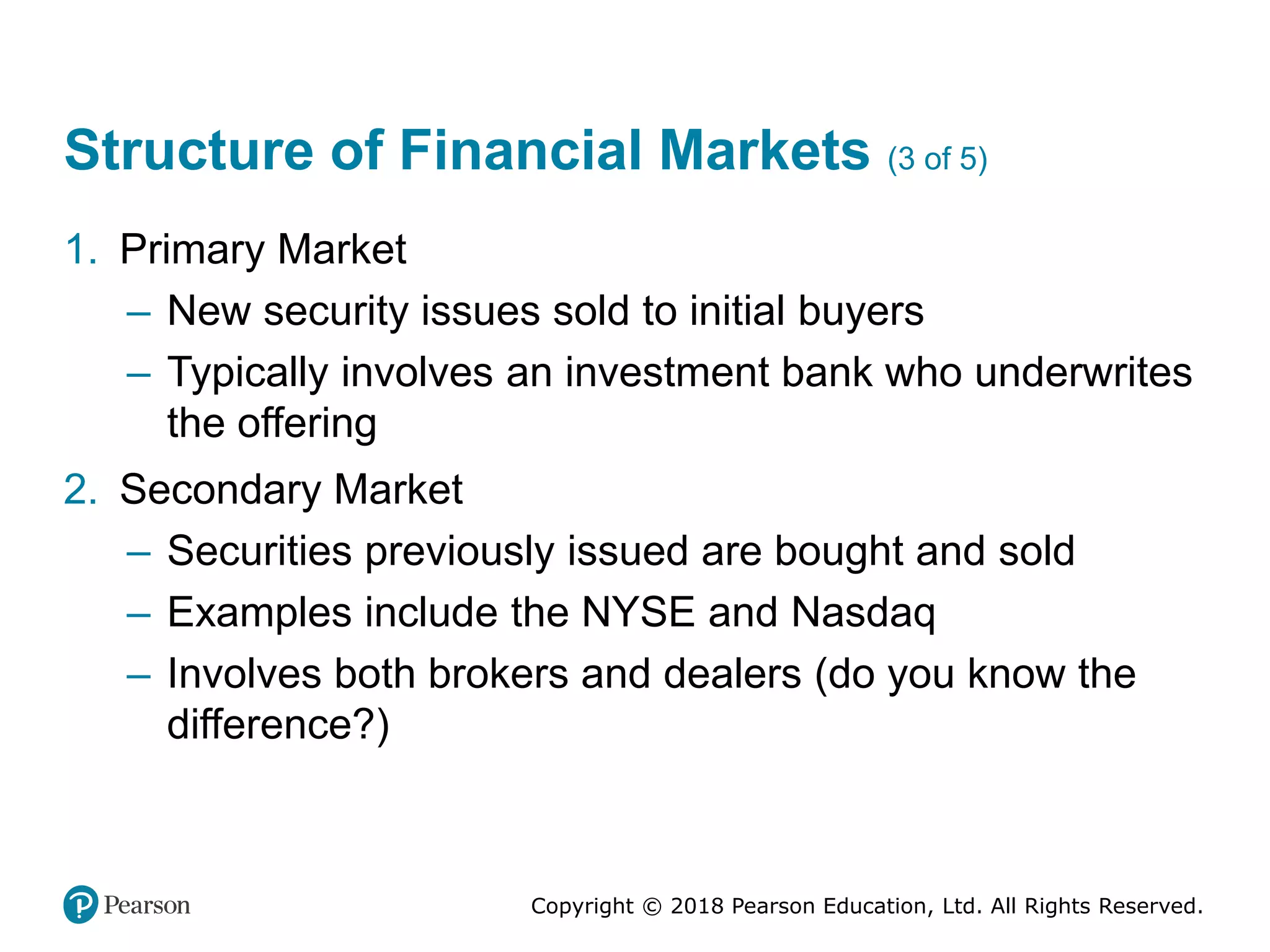 Copyright © 2018 Pearson Education, Ltd. All Rights Reserved.
Structure of Financial Markets (3 of 5)
1. Primary Market
– New security issues sold to initial buyers
– Typically involves an investment bank who underwrites
the offering
2. Secondary Market
– Securities previously issued are bought and sold
– Examples include the NYSE and Nasdaq
– Involves both brokers and dealers (do you know the
difference?)
 