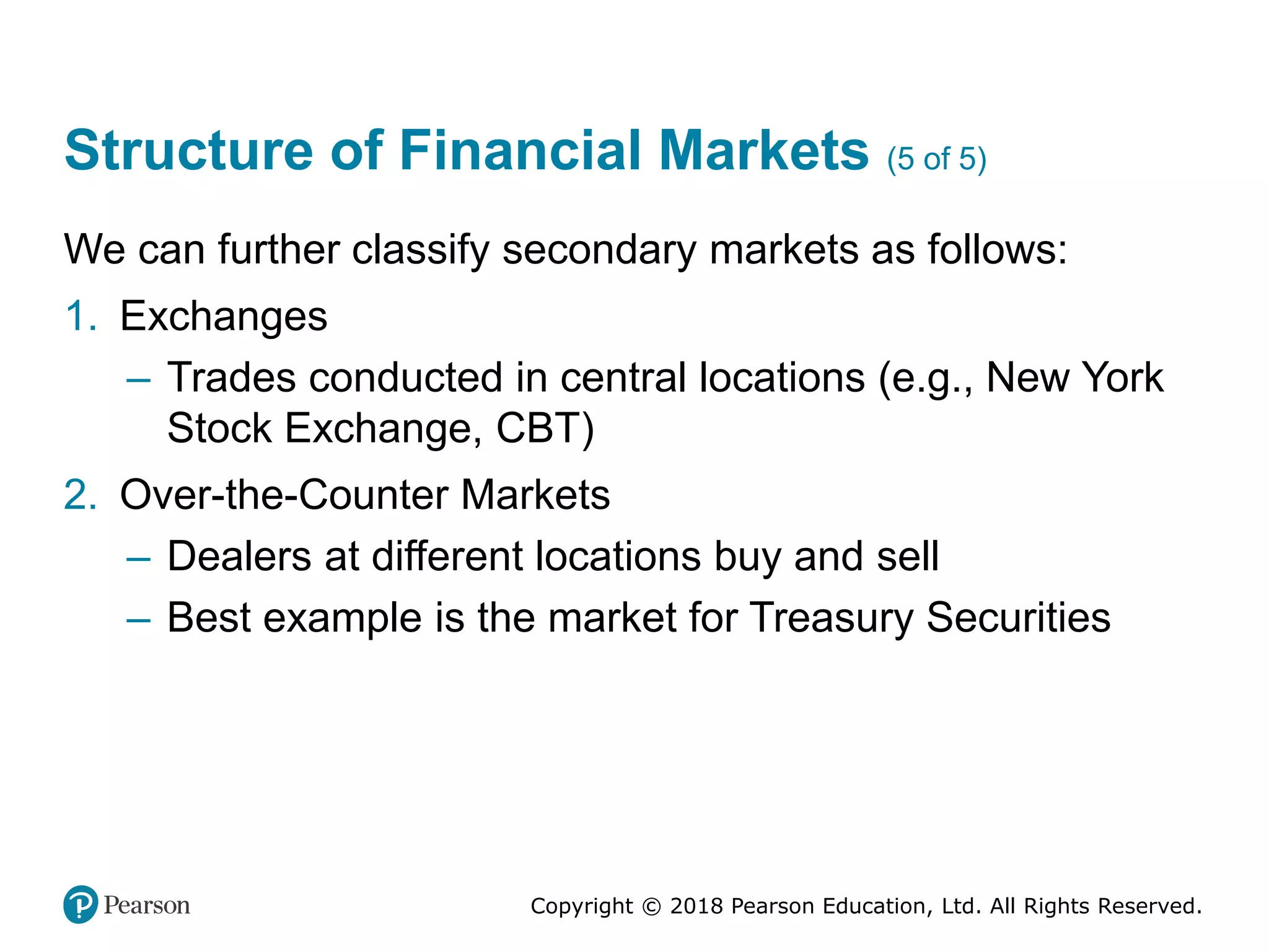 Copyright © 2018 Pearson Education, Ltd. All Rights Reserved.
Structure of Financial Markets (5 of 5)
We can further classify secondary markets as follows:
1. Exchanges
– Trades conducted in central locations (e.g., New York
Stock Exchange, CBT)
2. Over-the-Counter Markets
– Dealers at different locations buy and sell
– Best example is the market for Treasury Securities
 