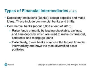 Copyright © 2018 Pearson Education, Ltd. All Rights Reserved.
Types of Financial Intermediaries (1 of 2)
• Depository Institutions (Banks): accept deposits and make
loans. These include commercial banks and thrifts.
• Commercial banks (about 5,000 at end of 2015)
– Raise funds primarily by issuing checkable, savings,
and time deposits which are used to make commercial,
consumer and mortgage loans
– Collectively, these banks comprise the largest financial
intermediary and have the most diversified asset
portfolios
 