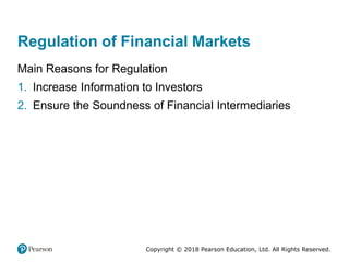 Copyright © 2018 Pearson Education, Ltd. All Rights Reserved.
Regulation of Financial Markets
Main Reasons for Regulation
1. Increase Information to Investors
2. Ensure the Soundness of Financial Intermediaries
 