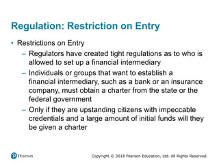 Copyright © 2018 Pearson Education, Ltd. All Rights Reserved.
Regulation: Restriction on Entry
• Restrictions on Entry
– Regulators have created tight regulations as to who is
allowed to set up a financial intermediary
– Individuals or groups that want to establish a
financial intermediary, such as a bank or an insurance
company, must obtain a charter from the state or the
federal government
– Only if they are upstanding citizens with impeccable
credentials and a large amount of initial funds will they
be given a charter
 