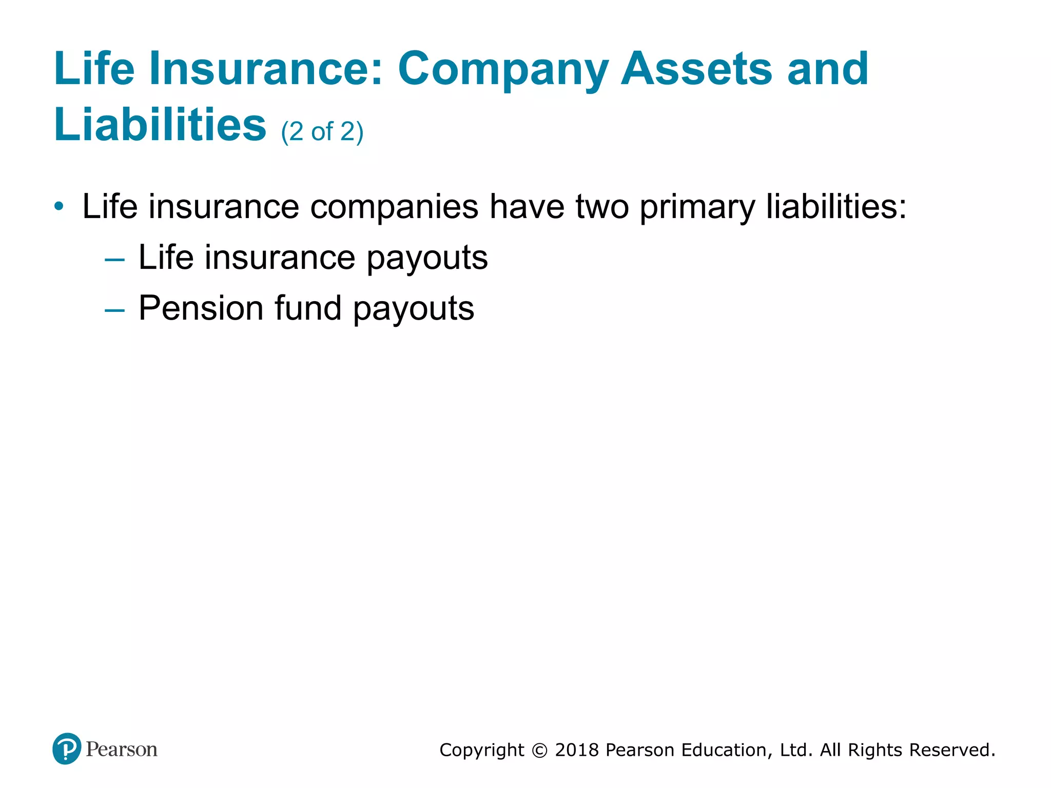 Copyright © 2018 Pearson Education, Ltd. All Rights Reserved.
Life Insurance: Company Assets and
Liabilities (2 of 2)
• Life insurance companies have two primary liabilities:
– Life insurance payouts
– Pension fund payouts
 