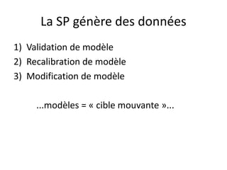 La SP génère des données
1) Validation de modèle
2) Recalibration de modèle
3) Modification de modèle
...modèles = « cible mouvante »...
 