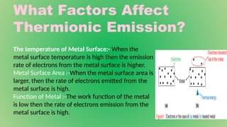 What Factors Affect
Thermionic Emission?
The temperature of Metal Surface:- When the
metal surface temperature is high then the emission
rate of electrons from the metal surface is higher.
Metal Surface Area :-When the metal surface area is
larger, then the rate of electrons emitted from the
metal surface is high.
Function of Metal :-The work function of the metal
is low then the rate of electrons emission from the
metal surface is high.
 