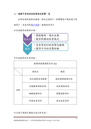 二、規劃中資訊科技對策略的影響：高

   此時的策略重點在服務，留住忠誠客戶，將實體客戶轉成電子商

務客戶、或是利用電子商務，服務現有客戶

＊系統提供的商業目標：

            •關懷顧客，增加互動
        藥妝店 •提供新穎的經營模式

                •享受更貼切的客製化服務
         顧客     •獲得不同的消費經驗


＊系統提供的主要功能：

                服藥與健康關懷系統 App


               藥妝店                       顧客


             設定提醒患者服藥             接收提醒服藥訊息


            回應顧客藥物諮詢               提出藥物諮詢
 功能
            編輯健康新知                 瀏覽健康新知


            管理會員資料                 修改會員資料




＊以電子商務之價值主張分析系統：

                                              5
服藥與健康關懷系統──以資訊科技策略方格(Strategic Grid)分析
 