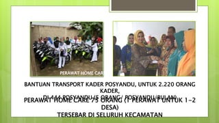 PERAWAT HOME CARE 75 ORANG (1 PERAWAT UNTUK 1-2
DESA)
TERSEBAR DI SELURUH KECAMATAN
BANTUAN TRANSPORT KADER POSYANDU, UNTUK 2.220 ORANG
KADER,
DI 444 POSYANDU (5 ORANG/ POSYANDU/BULAN)
PERAWAT HOME CARE
 