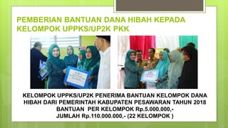 PEMBERIAN BANTUAN DANA HIBAH KEPADA
KELOMPOK UPPKS/UP2K PKK
KELOMPOK UPPKS/UP2K PENERIMA BANTUAN KELOMPOK DANA
HIBAH DARI PEMERINTAH KABUPATEN PESAWARAN TAHUN 2018
BANTUAN PER KELOMPOK Rp.5.000.000,-
JUMLAH Rp.110.000.000,- (22 KELOMPOK )
 