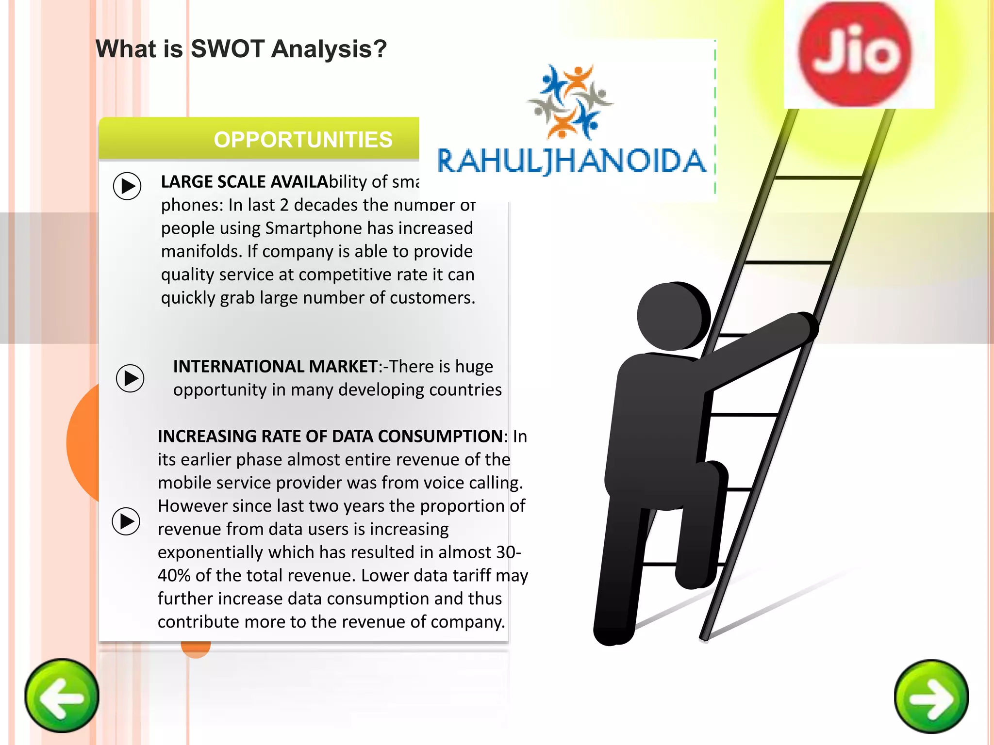 OPPORTUNITIES
What is SWOT Analysis?
LARGE SCALE AVAILAbility of smart
phones: In last 2 decades the number of
people using Smartphone has increased
manifolds. If company is able to provide
quality service at competitive rate it can
quickly grab large number of customers.
INCREASING RATE OF DATA CONSUMPTION: In
its earlier phase almost entire revenue of the
mobile service provider was from voice calling.
However since last two years the proportion of
revenue from data users is increasing
exponentially which has resulted in almost 30-
40% of the total revenue. Lower data tariff may
further increase data consumption and thus
contribute more to the revenue of company.
INTERNATIONAL MARKET:-There is huge
opportunity in many developing countries
 
