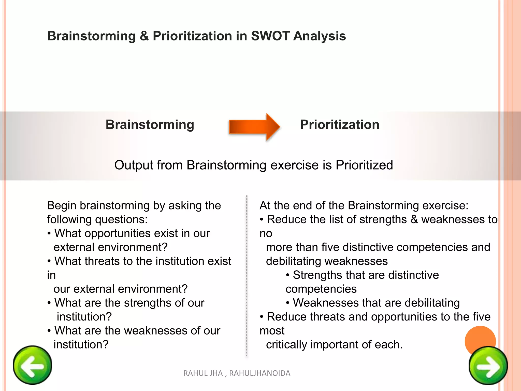 Brainstorming & Prioritization in SWOT Analysis
Brainstorming Prioritization
Output from Brainstorming exercise is Prioritized
Begin brainstorming by asking the
following questions:
• What opportunities exist in our
external environment?
• What threats to the institution exist
in
our external environment?
• What are the strengths of our
institution?
• What are the weaknesses of our
institution?
At the end of the Brainstorming exercise:
• Reduce the list of strengths & weaknesses to
no
more than five distinctive competencies and
debilitating weaknesses
• Strengths that are distinctive
competencies
• Weaknesses that are debilitating
• Reduce threats and opportunities to the five
most
critically important of each.
RAHUL JHA , RAHULJHANOIDA
 
