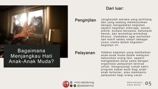 Penginjilan
Pelayanan
Jangkaulah mereka yang terhilang
dan yang sedang membutuhkan
dengan mengadakan kegiatan
seperti kegiatan olahraga, sosial,
piknik, kumpul bersama, kelompok
besuk, dan workshop-workshop
khusus. Usahakan agar perhatian
dan kasih selalu tampil sebagai
unsur utama dalam kegiatan -
kegiatan ini.
Adakan kegiatan yang melibatkan
anak-anak muda dalam melayani
kebutuhan orang lain, seperti
mengadakan kerja sama dengan
organisasi pelayanan lainnya
untuk: mengunjungi rumah sakit,
program kakak asuh bagi anak -
anak terlantar, atau membantu
pelayanan bagi orang cacat.
Bagaimana
Menjangkau Hati
Anak-Anak Muda?
Dari luar:
05
M E N J A N G K A U
A N A K M U D A
 