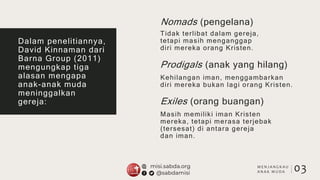 Dalam penelitiannya,
David Kinnaman dari
Barna Group (2011)
mengungkap tiga
alasan mengapa
anak-anak muda
meninggalkan
gereja:
Nomads (pengelana)
Prodigals (anak yang hilang)
Exiles (orang buangan)
Tidak terlibat dalam gereja,
tetapi masih menganggap
diri mereka orang Kristen.
Kehilangan iman, menggambarkan
diri mereka bukan lagi orang Kristen.
Masih memiliki iman Kristen
mereka, tetapi merasa terjebak
(tersesat) di antara gereja
dan iman.
03M E N J A N G K A U
A N A K M U D A
 