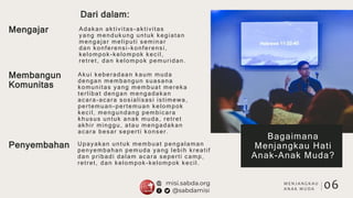 Mengajar
Membangun
Komunitas
Adakan aktivitas-aktivitas
yang mendukung untuk kegiatan
mengajar meliputi seminar
dan konferensi-konferensi,
kelompok-kelompok kecil,
retret, dan kelompok pemuridan.
Akui keberadaan kaum muda
dengan membangun suasana
komunitas yang membuat mereka
terlibat dengan mengadakan
acara-acara sosialisasi istimewa,
pertemuan-pertemuan kelompok
kecil, mengundang pembicara
khusus untuk anak muda, retret
akhir minggu, atau mengadakan
acara besar seperti konser.
Dari dalam:
Penyembahan Upayakan untuk membuat pengalaman
penyembahan pemuda yang lebih kreatif
dan pribadi dalam acara seperti camp,
retret, dan kelompok -kelompok kecil.
06
Bagaimana
Menjangkau Hati
Anak-Anak Muda?
M E N J A N G K A U
A N A K M U D A
 
