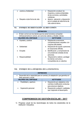  Justicia y Solidaridad
 Respeto a toda forma de vida
 Disposición a evaluar los
impactos y costos ambientales
de las acciones y actividades
cotidianas.
 Aprecio, valoración y disposición
por el cuidado de toda forma de
vida sobre la tierra.
VI) ENFOQUE DE ORIENTACIÓN AL BIEN COMÚN
DEFINICIÓN
 El bien común son los bienes que los seres humanos comparten
intrínsecamente en común, así como los valores y virtudes cívicas.
VALORES DEL ENFOQUE ACTITUDES
 Equidad y Justicia
 Solidaridad
 Empatía
 Responsabilidad
 Disposición a reconocer
compensaciones a aquellos con
mayores dificultades.
 Disposición de ayuda a personas
en situaciones difíciles.
 Identificación y comprensión de
circunstancias variadas de las
personas.
 Disposición a valorar y proteger
los bienes comunes y
compartidos de un colectivo.
VII) ENFOQUE DE LA BÚSQUEDA DE LA EXCELENCIA
DEFINICIÓN
 Desarrollo de la capacidad para el cambio y la adaptación que garantiza el
éxito personal y social.
VALORES DEL ENFOQUE ACTITUDES
 Flexibilidad y apertura
 Superación personal
 Disposición por adaptarse a los
cambios modificando conductas
para alcanzar objetivos.
 Disposición a adquirir cualidades
que mejorarán el desempeño.
COMPROMISOS DE GESTIÓN ESCOLAR – 2017
1) Progreso anual de los Aprendizajes de todos los estudiantes de la
Institución Educativa.
 