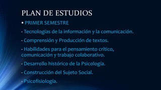 PLAN DE ESTUDIOS
• PRIMER SEMESTRE
- Tecnologías de la información y la comunicación.
- Comprensión y Producción de textos.
- Habilidades para el pensamiento crítico,
comunicación y trabajo colaborativo.
- Desarrollo histórico de la Psicología.
- Construcción del Sujeto Social.
- Psicofisiología.
 