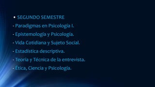 • SEGUNDO SEMESTRE
- Paradigmas en Psicología I.
- Epistemología y Psicología.
- Vida Cotidiana y Sujeto Social.
- Estadística descriptiva.
- Teoría y Técnica de la entrevista.
- Ética, Ciencia y Psicología.
 