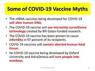 Some of COVID-19 Vaccine Myths
• The mRNA vaccines being developed for COVID-19
will alter human DNA.
• The COVID-19 vaccine will use microchip surveillance
technology created by Bill Gates-funded research.
• The COVID-19 vaccine has been proven to cause
infertility in 97 percent of its recipients.
• COVID-19 vaccines will contain aborted human fetal
tissue.
• he COVID-19 vaccine being developed by Oxford
University and AstraZeneca will turn people into
monkeys.
Ahmed-Refat AG Refat 24
 