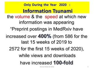Only During the Year 2020 :
Information Tsunami
the volume & the speed at which new
information was appearing
“Preprint postings in MedRxiv have
increased over (from 586 for the
last 15 weeks of 2019 to
2572 for the first 15 weeks of 2020),
while views and downloads
have increased
Ahmed-Refat AG Refat 5
 