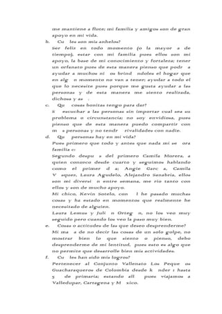 me mantiene a flote; mi familia y amigos son de gran
     apoyo en mi vida.
b.   ¿Cuáles son mis anhelos?
     Ser feliz en todo momento (o la mayoría de
     tiempo), estar con mi familia pues ellos son mi
     apoyo, la base de mi conocimiento y fortaleza; tener
     un orfanato pues de esta manera pienso que podría
     ayudar a muchos niños brindándoles el hogar que
     en algún momento no van a tener; ayudar a todo el
     que lo necesite pues porque me gusta ayudar a las
     personas y de esta manera me siento realizada,
     dichosa y así.
c.   ¿Qué cosas bonitas tengo para dar?
     Sé escuchar a las personas sin importar cual sea su
     problema o circunstancia; no soy envidiosa, pues
     pienso que de esta manera puedo compartir con
     más personas y no tendré rivalidades con nadie.
d.   ¿Qué personas hay en mi vida?
     Pues primero que todo y antes que nada mi señora
     familia c:
     Segundo después del primero Camila Morera, a
     quien conozco desde cuarto y seguimos hablando
     como el primer día; Angie García, Camila
     Vásquez, Laura Agudelo, Alejandro Sanabria, ellos
     son mi diversión entre semana, me rio tanto con
     ellos y son de mucho apoyo.
     Mi chico, Kevin Sotelo, con él he pasado muchas
     cosas y ha estado en momentos que realmente he
     necesitado de alguien.
     Laura Lemus y Julián Ortegón, no los veo muy
     seguido pero cuando los veo la paso muy bien.
e.   ¿Cosas o actitudes de las que deseo desprenderme?
     Mi maña de no decir las cosas de un solo golpe, no
     mostrar bien lo que siento o pienso, debo
     desprenderme de mi lentitud, pues esto es algo que
     no permite que desarrolle bien mis actividades.
f.   ¿Cuáles han sido mis logros?
     Pertenecer al Conjunto Vallenato Los Pequeños
     Guacharaqueros de Colombia desde kínder 1 hasta
     5° de primaria; estando allí pues viajamos a
     Valledupar, Cartagena y México.
 