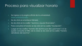 Proceso para visualizar horario

 1.   Se ingresa a la pagina oficial de la universidad:
      www.uniminuto.edu.
 2.   Se da click en el enlace Génesis.
 3.   Se da click en la casilla “alumno y ayuda financiera”.
 4.   Para consultar el horario se da click en la casilla “inscripción”.
 5.   Luego en las casillas “horario del alumno por día y por hora” o si se
      quiere consultar el NRC de la clase se da click en la casilla “horario
      detallado del alumno”.
 