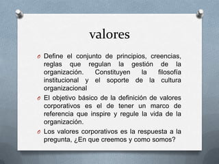 valores
O Define el conjunto de principios, creencias,
reglas que regulan la gestión de la
organización. Constituyen la filosofía
institucional y el soporte de la cultura
organizacional
O El objetivo básico de la definición de valores
corporativos es el de tener un marco de
referencia que inspire y regule la vida de la
organización.
O Los valores corporativos es la respuesta a la
pregunta, ¿En que creemos y como somos?
 