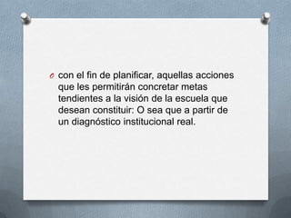O con el fin de planificar, aquellas acciones
que les permitirán concretar metas
tendientes a la visión de la escuela que
desean constituir: O sea que a partir de
un diagnóstico institucional real.
 