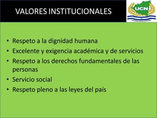 VALORES INSTITUCIONALES


• Respeto a la dignidad humana
• Excelente y exigencia académica y de servicios
• Respeto a los derechos fundamentales de las
  personas
• Servicio social
• Respeto pleno a las leyes del país
 
