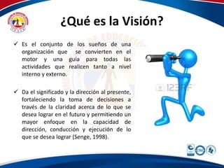 ¿Qué es la Visión? 
 Es el conjunto de los sueños de una 
organización que se convierten en el 
motor y una guía para todas las 
actividades que realicen tanto a nivel 
interno y externo. 
 Da el significado y la dirección al presente, 
fortaleciendo la toma de decisiones a 
través de la claridad acerca de lo que se 
desea lograr en el futuro y permitiendo un 
mayor enfoque en la capacidad de 
dirección, conducción y ejecución de lo 
que se desea lograr (Senge, 1998). 
 