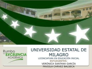 UNIVERSIDAD ESTATAL DE
       MILAGRO
  LICENCIATURA EN EDUCACIÓN INICIAL
          ESTUDIANTES:
    VERÓNICA SANTANA GARCÍA
     FAVIOLA CHÁVEZ BALSECA
 