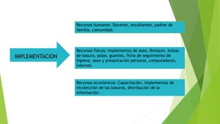 IMPLEMENTACION
Recursos humanos: Docente, estudiantes, padres de
familia, comunidad.
Recursos físicos: Implementos de aseo, Botiquín, bolsas
de basura, palas, guantes, ficha de seguimiento de
higiene, aseo y presentación personal, computadores,
internet.
Recursos económicos: Capacitación, implementos de
recolección de las basuras, distribución de la
información.
 