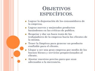 OBJETIVOS
ESPECÍFICOS.
Lograr la degustación de los consumidores de
la empresa.
Logras nuevos y mejorados productos
basándonos en las criticas de publico.
Respetar y dar un buen trato de los
trabajadores de la empresa hacia los clientes de
la misma.
Tener la limpieza para generar un producto
confiable para el cliente.
Llegar a ser una gran empresa por medio de los
buenos bienes y servicios proporcionados al
cliente.
Ajustar nuestros precios para que sean
adecuados a la mercancia.
 