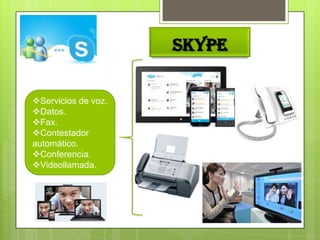 SKYPE
Servicios de voz.
Datos.
Fax.
Contestador
automático.
Conferencia.
Videollamada.