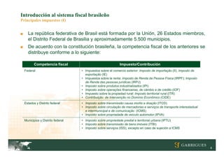 Introducción al sistema fiscal brasileño
Principales impuestos (I)


■     La república federativa de Brasil está formada por la Unión, 26 Estados miembros,
      el Distrito Federal de Brasilia y aproximadamente 5.500 municipios.
■     De acuerdo con la constitución brasileña, la competencia fiscal de los anteriores se
      distribuye conforme a lo siguiente:

           Competencia fiscal                                 Impuesto/Contribución
    Federal                         • Impuestos sobre el comercio exterior: Imposto de importação (II); Imposto de
                                      exportação (IE)
                                    • Impuestos sobre la renta: Imposto de Renda da Pessoa Física (IRPF); Imposto
                                      de Renda das pessoas jurídicas (IRPJ)
                                    • Imposto sobre produtos industrializados (IPI)
                                    • Imposto sobre operações financeiras, de câmbio e de crédito (IOF)
                                    • Impuesto sobre la propiedad rural: Imposto territorial rural (ITR)
                                    • Contribuição de Intervenção no Domínio Econômico (CIDE)
    Estados y Distrito federal      • Imposto sobre transmissão causa mortis e doação (ITCD)
                                    • Imposto sobre circulação de mercadorias e serviços de transporte interestadual
                                      e intermunicipal e de comunicação (ICMS)
                                    • Imposto sobre propriadade de veículo automotor (IPVA)
    Municipios y Distrito federal   • Imposto sobre propriedade predial e territorial urbana (IPTU)
                                    • Imposto sobre transmissão de bens imóveis (ITBI)
                                    • Imposto sobre serviços (ISS), excepto en caso de sujeción a ICMS




                                                                                                                       6
 
