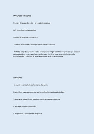 MANUAL DE FUNCIONES
Nombre del cargo:Gerente (área:administrativa)
Jefe inmediato:Juntade socios
Númerode personasenel cargo: 1
Objetivo:mantenerel control ysupervisiónde laempresa
Perfil del cargo:Esta personaserála encargadade dirigir,coordinarysupervisarque todaslas
actividadesde laempresase llevenacabo,para ellodebe hacerunseguimientoydebe
controlartodas y cada una de lasaéreasque pertenecenalaempresa
FUNCIONES
1. asumirel control sobre el personal al servicio
2. planificar,organizar,controlaryorientarlasdistintasáreasde trabajo
3. supervisarlagestióndel presupuestode naturalezaeconómica
4. entregarinformesmensuales
5. disposiciónanuevastareasasignadas
 