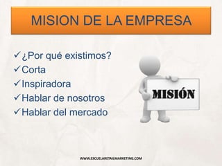 MISION DE LA EMPRESA
¿Por qué existimos?
Corta
Inspiradora
Hablar de nosotros
Hablar del mercado
WWW.ESCUELARETAILMARKETING.COM
 