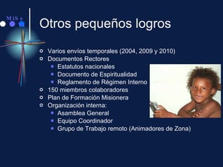 Otros pequeños logros Varios envíos temporales (2004, 2009 y 2010) Documentos Rectores Estatutos nacionales Documento de Espiritualidad Reglamento de Régimen Interno 150 miembros colaboradores Plan de Formación Misionera Organización interna: Asamblea General Equipo Coordinador Grupo de Trabajo remoto (Animadores de Zona) 