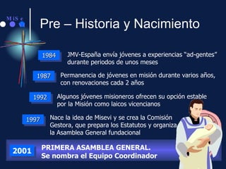 Pre – Historia y Nacimiento 1984 1987 1992 JMV-España envía jóvenes a experiencias “ad-gentes” durante periodos de unos meses Permanencia de jóvenes en misión durante varios años, con renovaciones cada 2 años Algunos jóvenes misioneros ofrecen su opción estable por la Misión como laicos vicencianos Nace la idea de Misevi y se crea la Comisión Gestora, que prepara los Estatutos y organiza la Asamblea General fundacional 1997 PRIMERA ASAMBLEA GENERAL. Se nombra el Equipo Coordinador 2001 