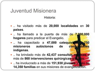 Juventud MisioneraHistoria:.. ha visitado más de 20,000 localidades en 30 países... ha llamado a la puerta de más de 7,000,000 hogares para predicar el Evangelio... ha capacitado a 47,000 catequistas y 750 misioneros autóctonos de comunidades indígenas... ha brindado más de 42,437 consultas médicas y más de 860 intervenciones quirúrgicas gratuitas... ha involucrado a más de 151,930 jóvenes y más de 14,350 familias en sus misiones de evangelización.