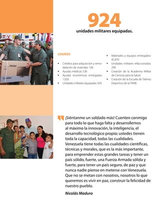 ¡Siéntanme un soldado más! Cuenten conmigo
para todo lo que haga falta y desarrollemos
al máximo la innovación, la inteligencia, el
desarrollo tecnológico propio; ustedes tienen
toda la capacidad, todas las cualidades.
Venezuela tiene todas las cualidades científicas,
técnicas y morales, que es la más importante,
para emprender estas grandes tareas y tener un
país sólido, fuerte, una Fuerza Armada sólida y
fuerte, para tener un país seguro, de paz y que
nunca nadie piense en meterse con Venezuela.
Que no se metan con nosotros, nosotros lo que
queremos es vivir en paz, construir la felicidad de
nuestro pueblo.
Nicolás Maduro
924unidades militares equipadas.
LOGROS
•	 Créditos para adquisición y remo-
delación de viviendas: 166
•	 Ayudas médicas: 536
•	 Ayudas económicas entregadas:
1.020
•	 Unidades militares equipadas: 924.
•	 Materiales y equipos entregados:
45.870
•	 Unidades militares refaccionadas:
290
•	 Creación de la Academia Militar
de Ciencias para la Salud.
•	 Creación de la Escuela de Talento
Deportivo de la FANB.
 